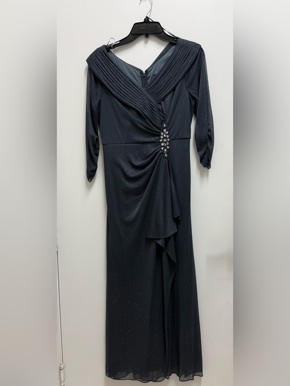 Alex Evenings Charcoal Sparkle Wrap-Front Long Sleeve Gown With Sheer Sleeves - Picture 14 of 14